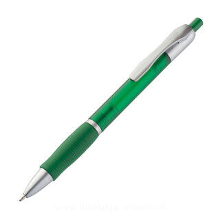 Frosted plastic ball pen with grooved rubber grip zone