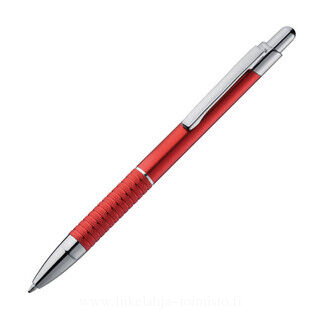 Blue-writing metal ballpen with a furrowed grip zone
