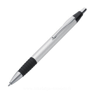 Plastic ballpen with a grooved rubber grip zone
