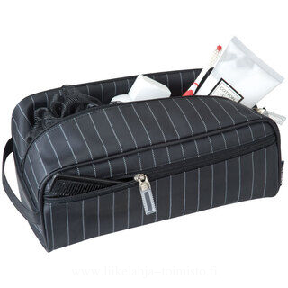 Black toilet bag with pinstriped pattern